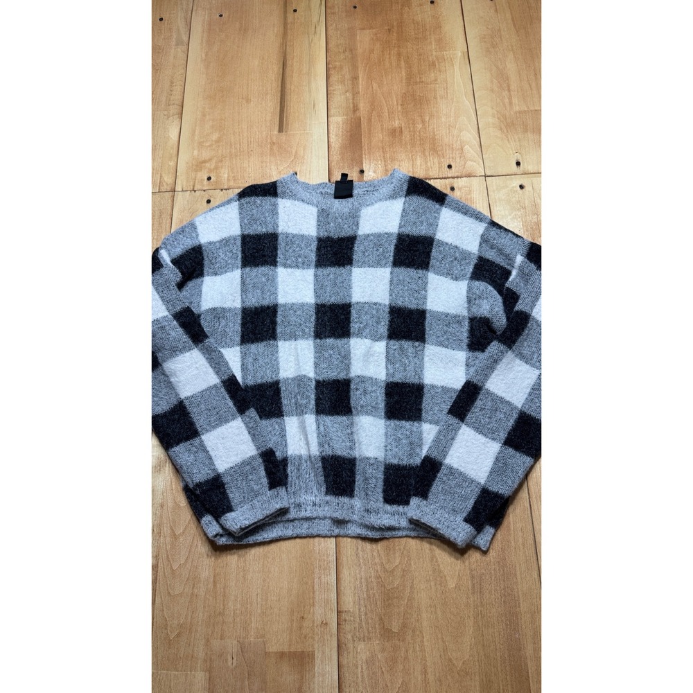 Bobeau Womens Buffalo Plaid Fuzzy Pullover Sweater Black Grey White Size L